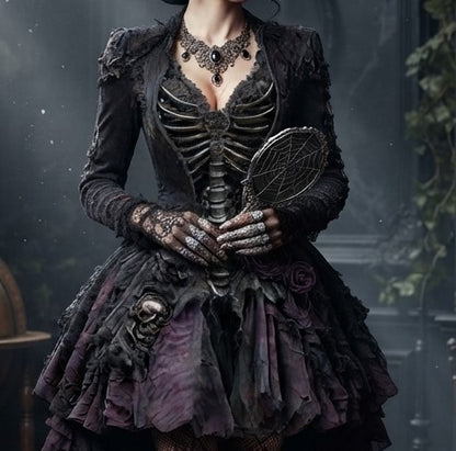 Damen Gothic Hexenkleid Maxikleid im Retro Stil Extravagantes Kostüm in verschiedenen Varianten mit Rüschenärmeln und 3D Muster Größen S bis 5XL