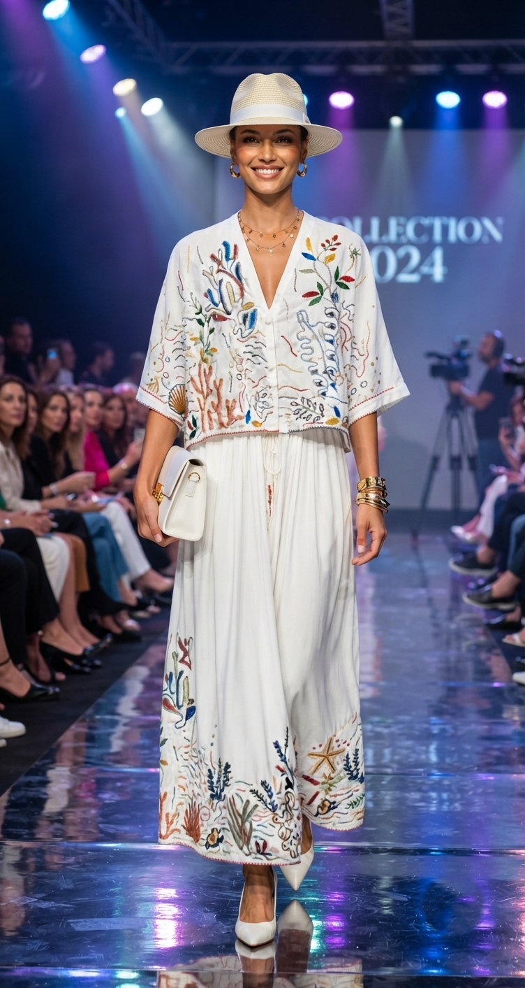 Damen Besticktes Zweiteiler-Set V-Ausschnitt Bluse & High-Waist Rock Boho-Style