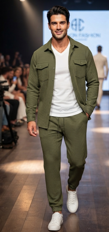 Herren Freizeit-Set Langarmhemd mit Brusttaschen & Hose Zweiteiler Casual
