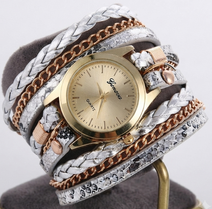 Ladies Wrap Watch Fashion Leopard Weave Bracelet Watch