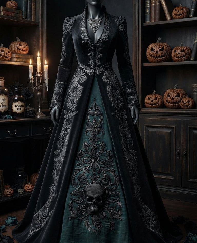 Damen Gothic Hexenkleid Maxikleid im Retro Stil Extravagantes Kostüm in verschiedenen Varianten mit Rüschenärmeln und 3D Muster Größen S bis 5XL