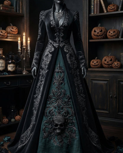 Damen Gothic Hexenkleid Maxikleid im Retro Stil Extravagantes Kostüm in verschiedenen Varianten mit Rüschenärmeln und 3D Muster Größen S bis 5XL