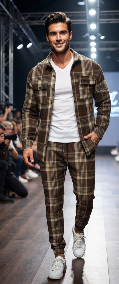 Herren Freizeit-Set Langarmhemd mit Brusttaschen & Hose Zweiteiler Casual