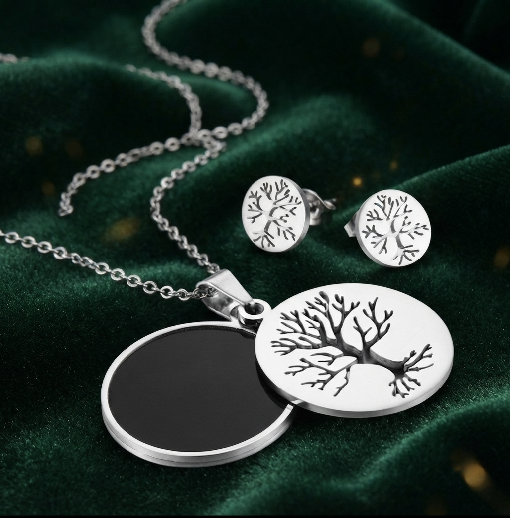 Damen Schmuck-Set Titanstahl Baum des Lebens Kette Ohrringe