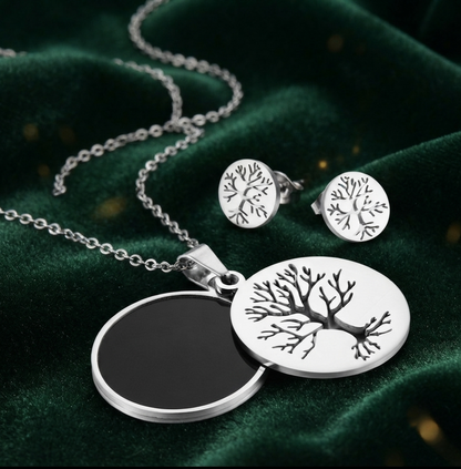 Damen Schmuck-Set Titanstahl Baum des Lebens Kette Ohrringe