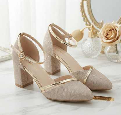 Damen Elegante Pumps Blockabsatz High Heels Party Schuhe mit Schnalle