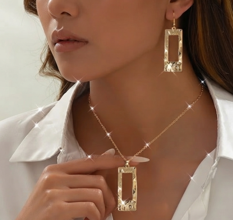 Damen Goldfarbenes Schmuck-Set Geometrisch Hämmerte Rechteck Kette Ohrringe