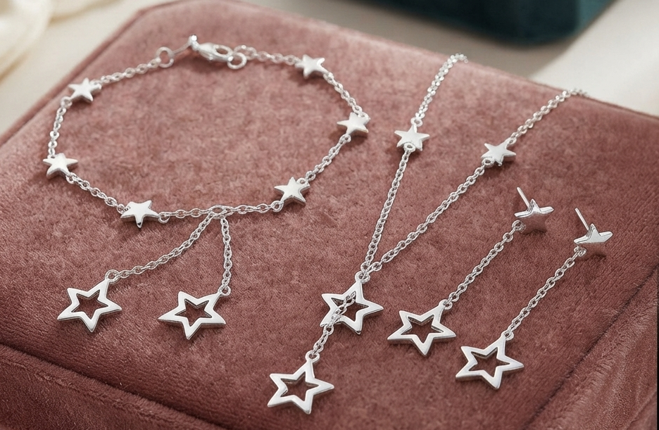 Damen Sternen Schmuck Set Halskette Armband Ohrringe Silber Plated