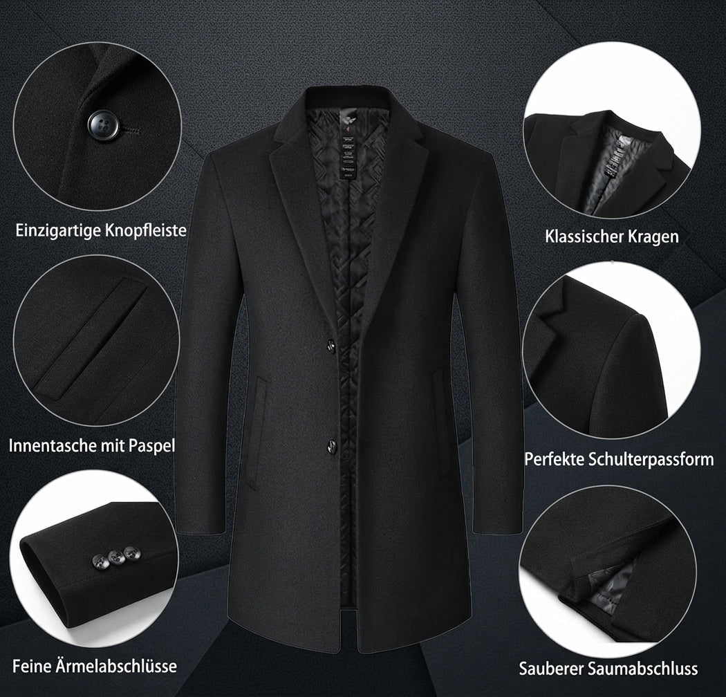 Herren Mittellanger Wollmantel – Eleganter Business Mantel aus Wollmix mit Slim Fit, verdickter Kälteschutz, Größen M bis XXXXL