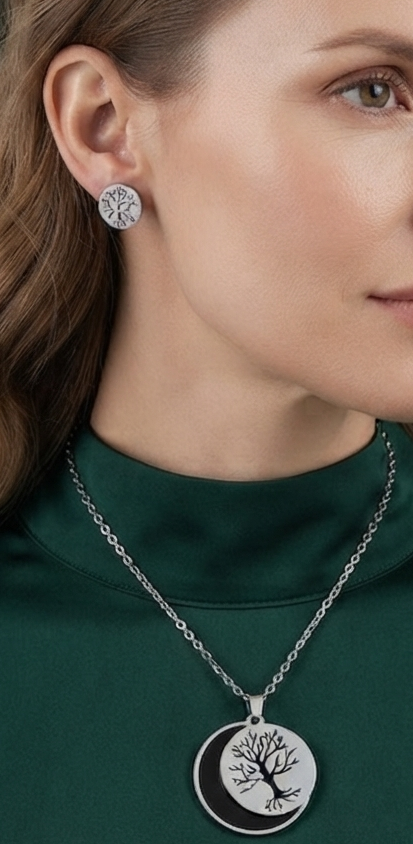 Damen Schmuck-Set Titanstahl Baum des Lebens Kette Ohrringe