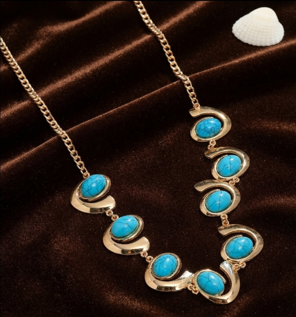 Damen Türkis Schmuck-Set Spiral Design Kette Armband Ring Ohrringe