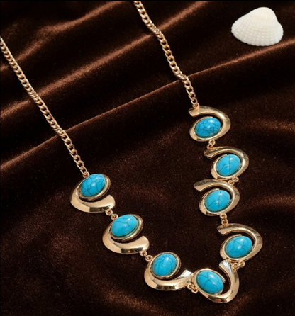 Damen Türkis Schmuck-Set Spiral Design Kette Armband Ring Ohrringe