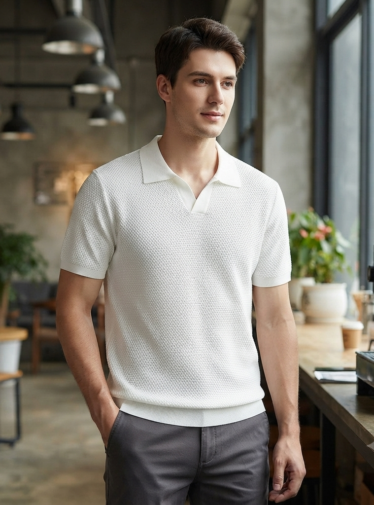 Herren Strick-Poloshirt Slim-Fit Kurzarm Reverskragen Feinstrick Sommer