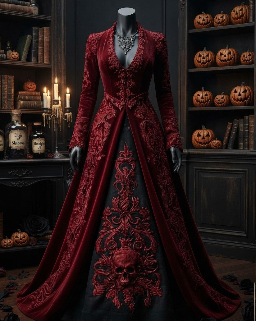 Damen Gothic Hexenkleid Maxikleid im Retro Stil Extravagantes Kostüm in verschiedenen Varianten mit Rüschenärmeln und 3D Muster Größen S bis 5XL
