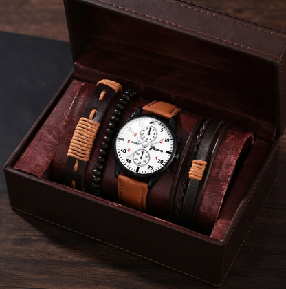 Herren Uhren- und Armband-Set - Business Quarzuhr mit Lederarmband & Geschenkbox