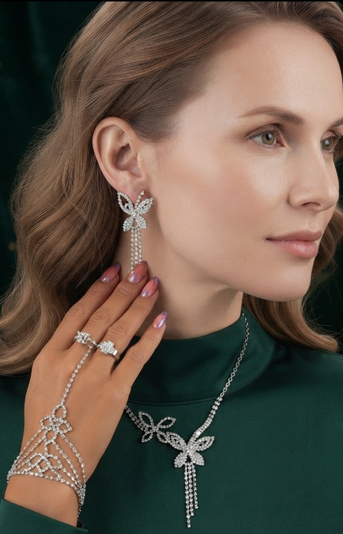 Damen Schmuck-Set Schmetterling Strass Kette Ohrringe Hand-Accessoire