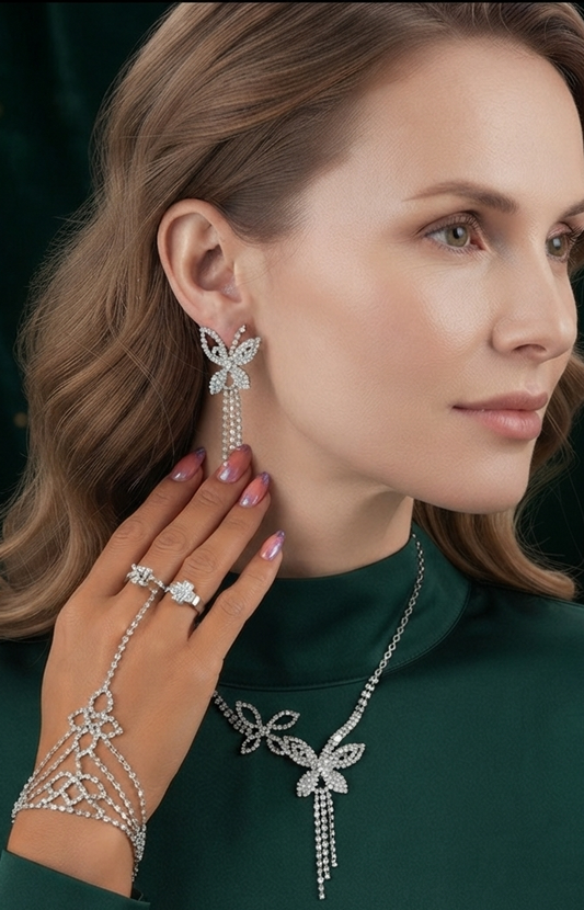 Damen Schmuck-Set Schmetterling Strass Kette Ohrringe Hand-Accessoire