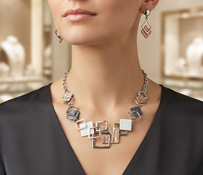 Modernes Damen Halskette & Ohrringe Set – Geometrisches Design, Tropföl-Finish