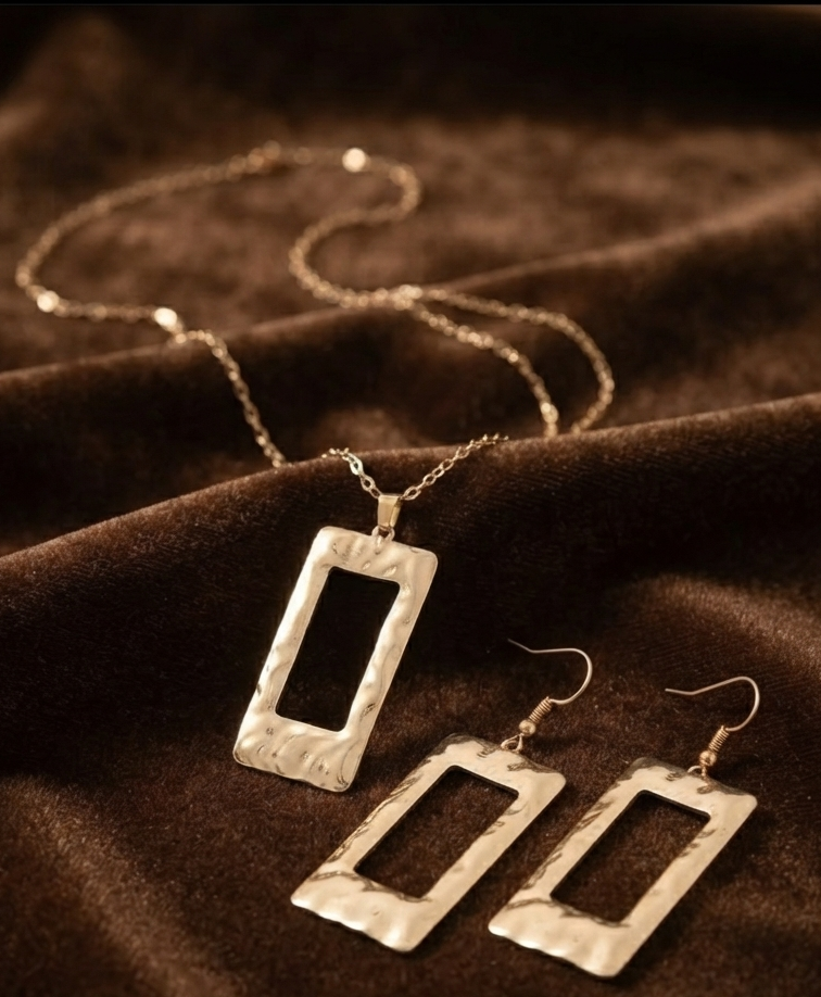 Damen Goldfarbenes Schmuck-Set Geometrisch Hämmerte Rechteck Kette Ohrringe