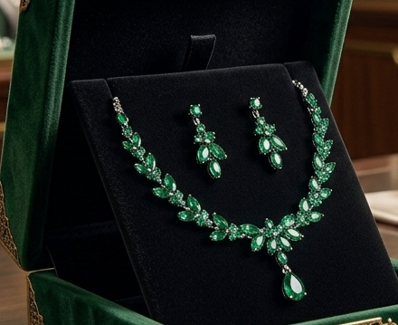 Elegantes Schmuck Set Halskette Ohrringe Zirkon Grün Silber Zweiteiler Party