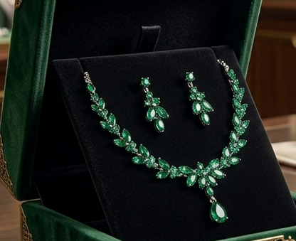 Elegantes Schmuck Set Halskette Ohrringe Zirkon Grün Silber Zweiteiler Party