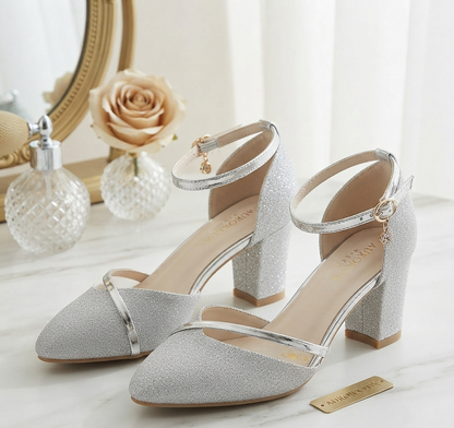 Damen Elegante Pumps Blockabsatz High Heels Party Schuhe mit Schnalle