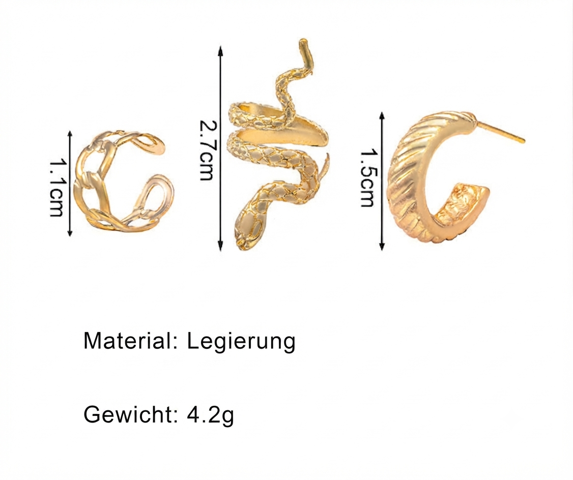 Damen Ohrring-Set Schlangen-Design Metall Schmuck 3tlg