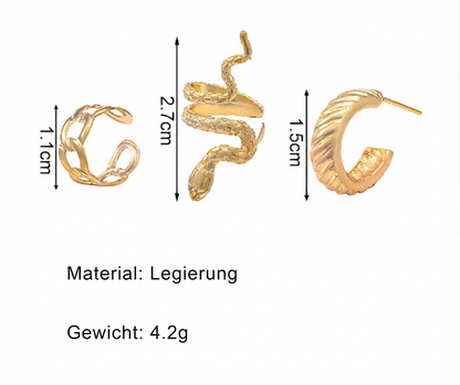 Damen Ohrring-Set Schlangen-Design Metall Schmuck 3tlg