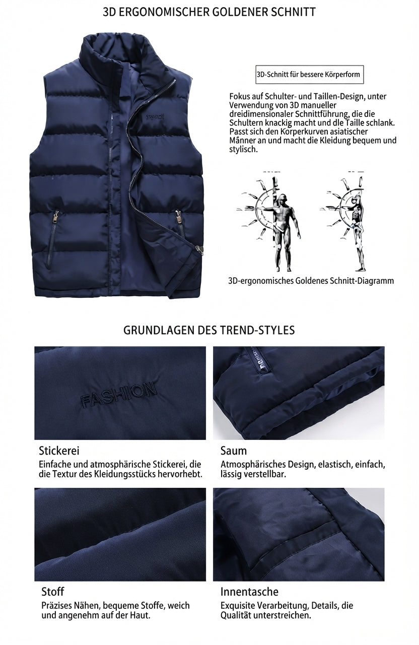 Herren Steppweste Gefütterte Winterweste – Warme Slim-Fit Outdoor-Weste mit Taschen, Farben Schwarz Blau Armeegrün, Größen M bis 6XL