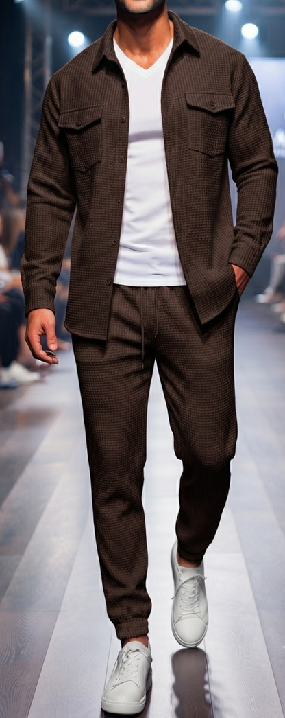 Herren Freizeit-Set Langarmhemd mit Brusttaschen & Hose Zweiteiler Casual