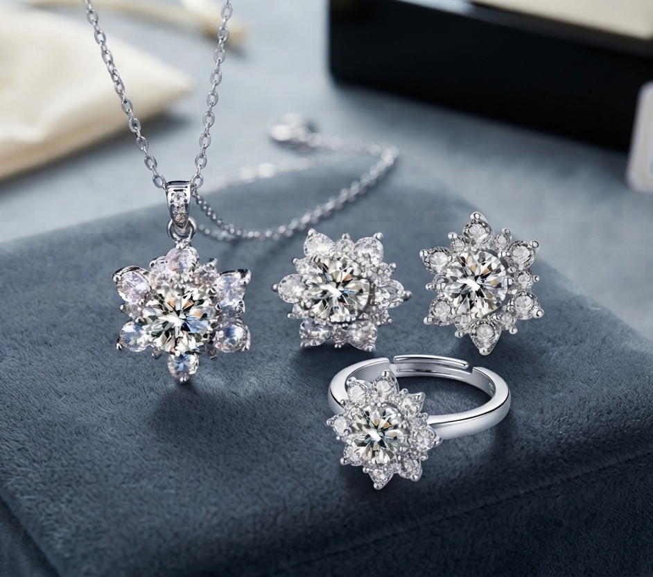 Damen Sunflower Halskette Ring Ohrringe Set Blumen Strass Zirkonia Schmuck