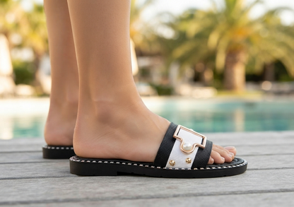 Damen Indoor & Outdoor Hausschuhe – Bequeme Pantoletten / Badelatschen mit Schnalle (Schwarz, Rosa, Weiß)
