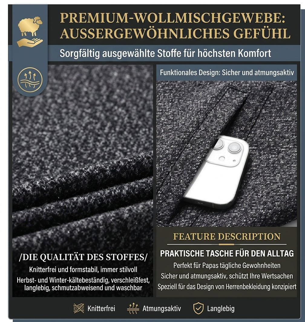 Herren Mode Langarm Wollmantel Übergangsjacke – Klassischer Kurzmantel für Alltag, Büro und Freizeit