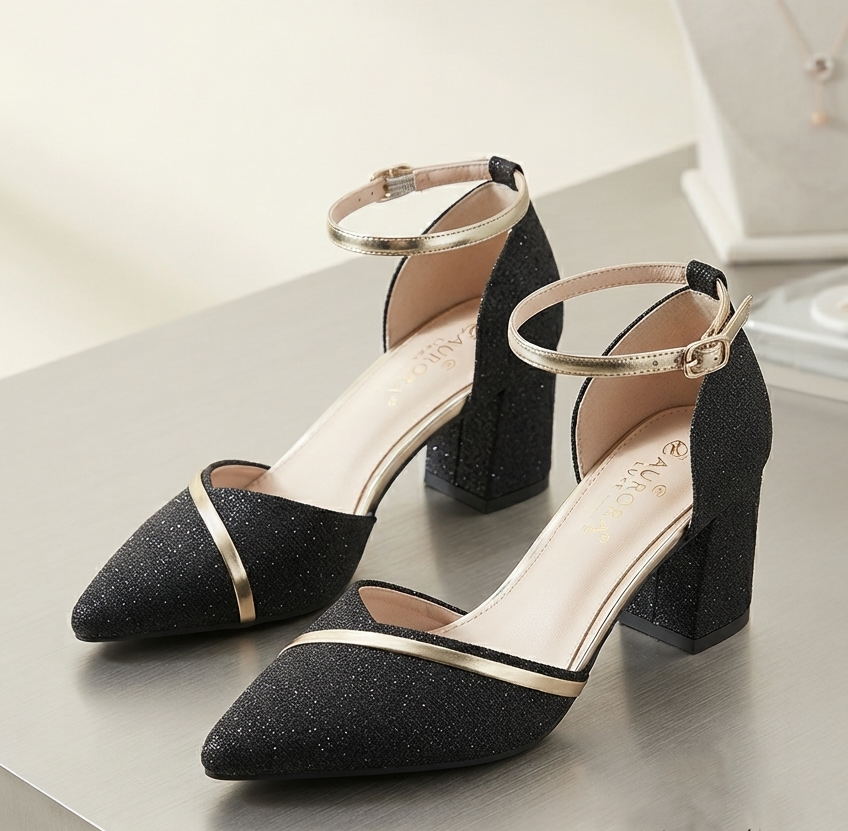 Damen Elegante Pumps Blockabsatz High Heels Party Schuhe mit Schnalle