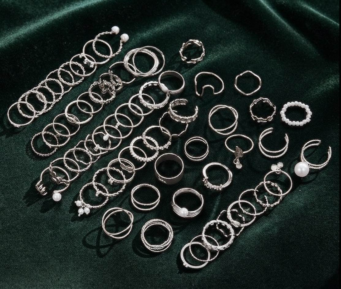 Damen Ring Set 64 teilig Silber Geometrisch Perle Vintage Schmuck