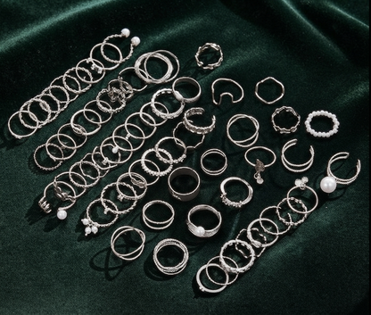 Damen Ring Set 64 teilig Silber Geometrisch Perle Vintage Schmuck