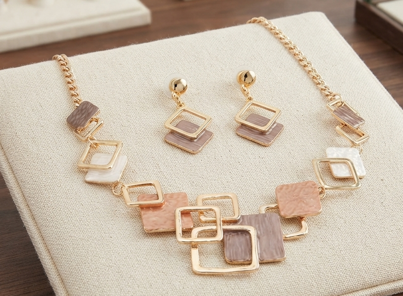 Modernes Damen Halskette & Ohrringe Set – Geometrisches Design, Tropföl-Finish