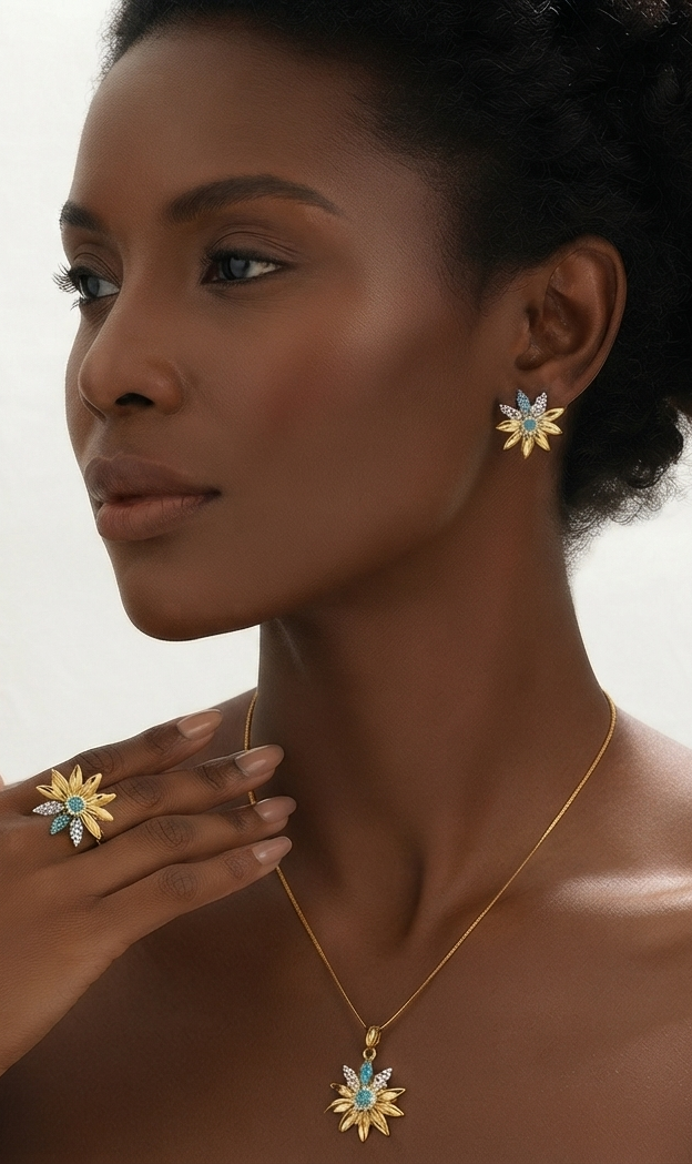 Damen Schmuck-Set Sonnenblume Kette Ohrringe Ring