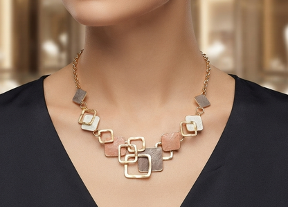 Modernes Damen Halskette & Ohrringe Set – Geometrisches Design, Tropföl-Finish