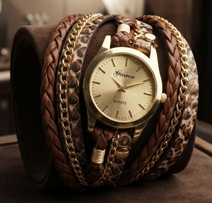 Ladies Wrap Watch Fashion Leopard Weave Bracelet Watch