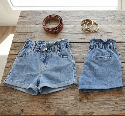 Damen Jeans Shorts - High-Waist Denim mit elastischem Bund & Washed-Optik