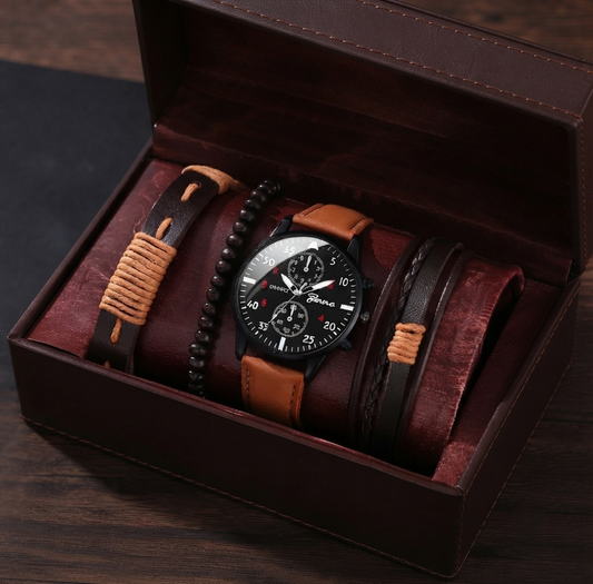 Herren Uhren- und Armband-Set - Business Quarzuhr mit Lederarmband & Geschenkbox