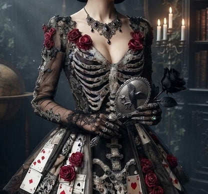 Damen Gothic Hexenkleid Maxikleid im Retro Stil Extravagantes Kostüm in verschiedenen Varianten mit Rüschenärmeln und 3D Muster Größen S bis 5XL