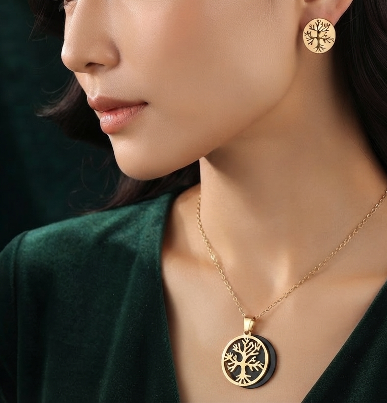 Damen Schmuck-Set Titanstahl Baum des Lebens Kette Ohrringe