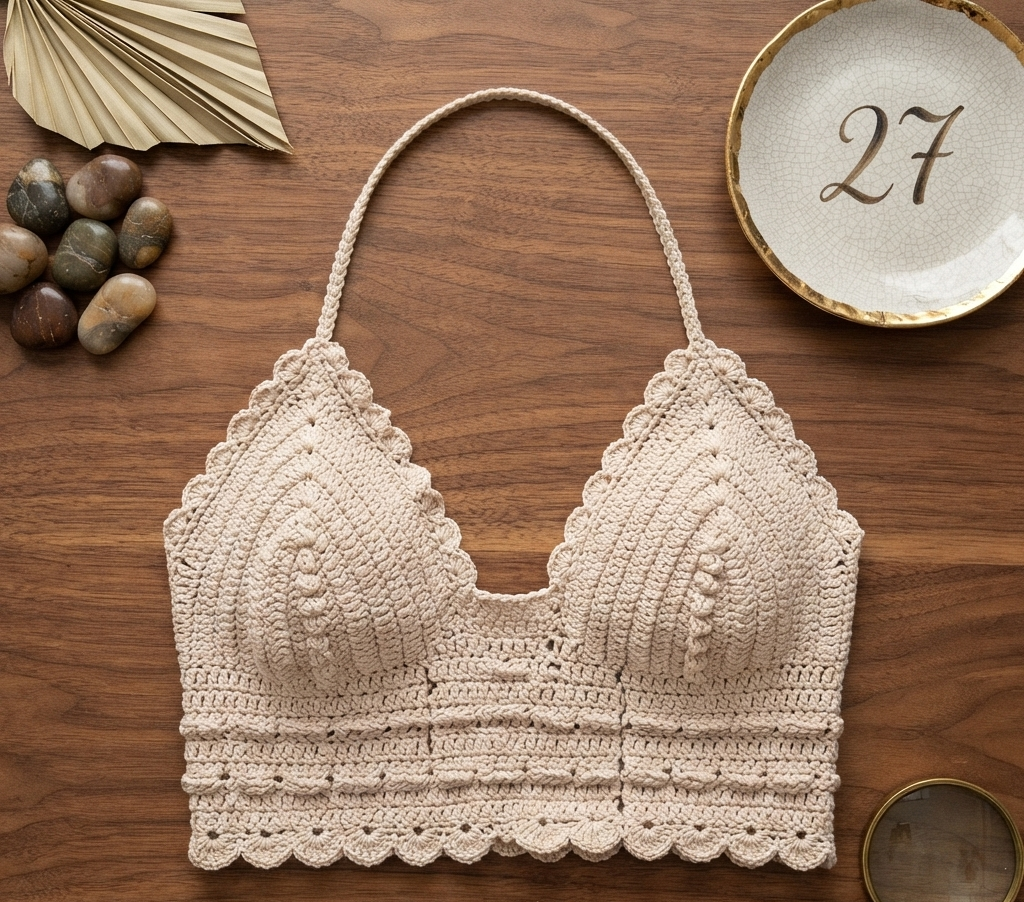 Damen Häkel-Bralette – Elegantes Baumwoll-Top mit Spitzen-Details