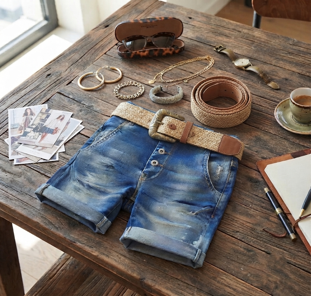 Damen Denim Shorts - High-Waist Jeans-Shorts mit elastischem Bund & Krempelsaum