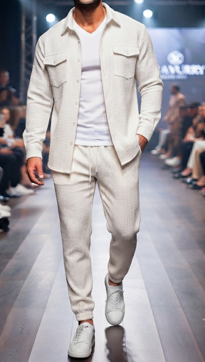 Herren Freizeit-Set Langarmhemd mit Brusttaschen & Hose Zweiteiler Casual