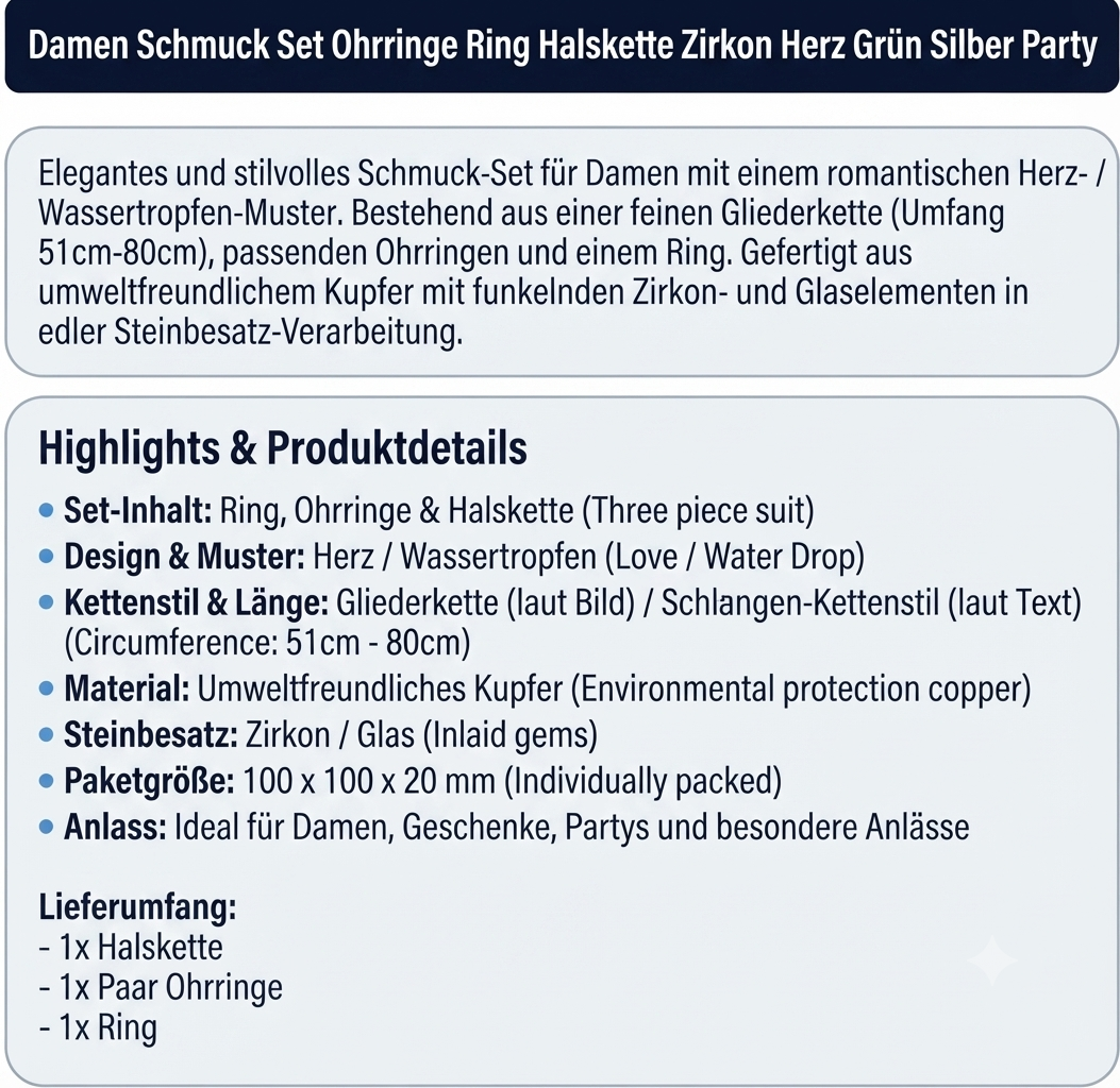 Damen Schmuck Set Ohrringe Ring Halskette Zirkon Herz Grün Silber Party