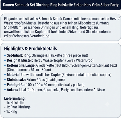 Damen Schmuck Set Ohrringe Ring Halskette Zirkon Herz Grün Silber Party