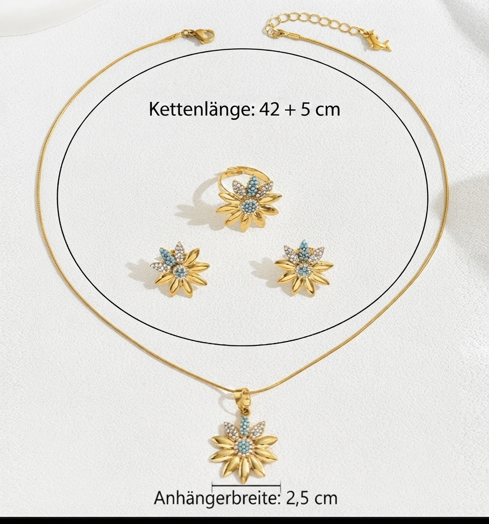 Damen Schmuck-Set Sonnenblume Kette Ohrringe Ring